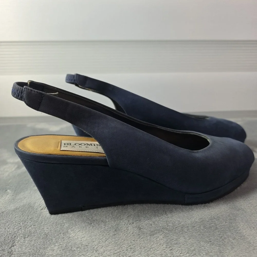 Vintage Bloomingdale's‎ Sling back Peep toe Wedges Blue Suede Size 6.5B